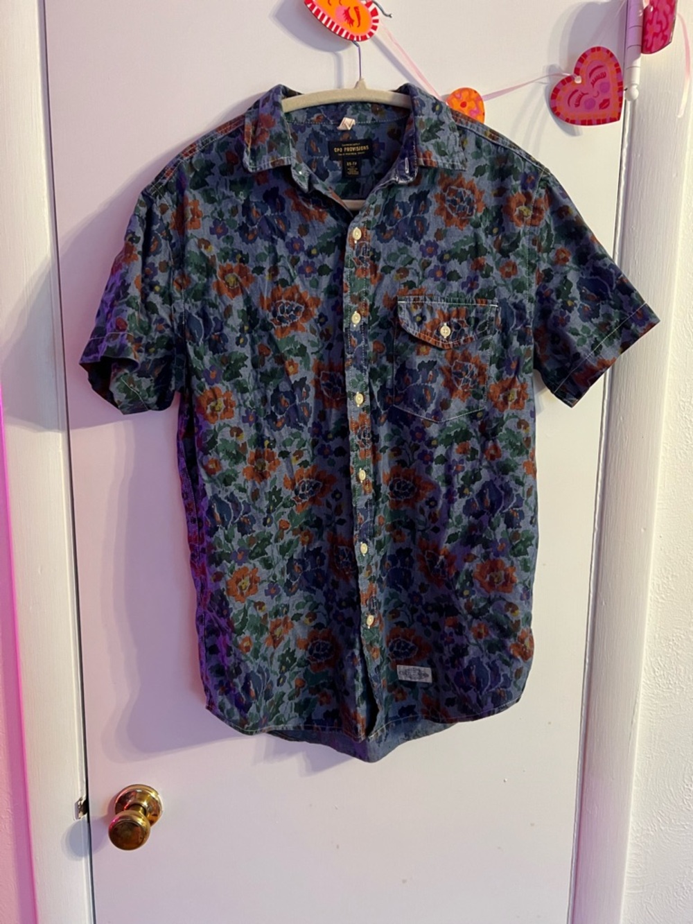 CPO PROVISIONS floral art print print cotton oxford cloth short sleeve shirt XS